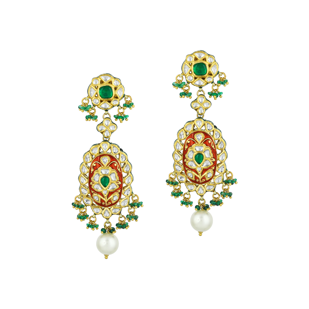 Red Enamel Earrings with Polki, Emerald, Green Beads & Pearl
